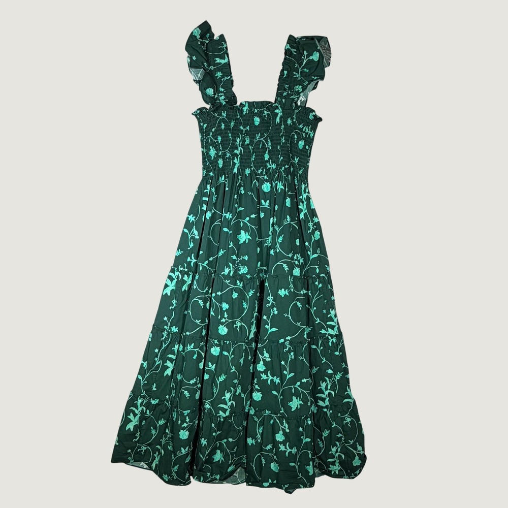 Hill House Home The Ellie Nap Dress Women XS Green Botanical Floral Smocked Midi